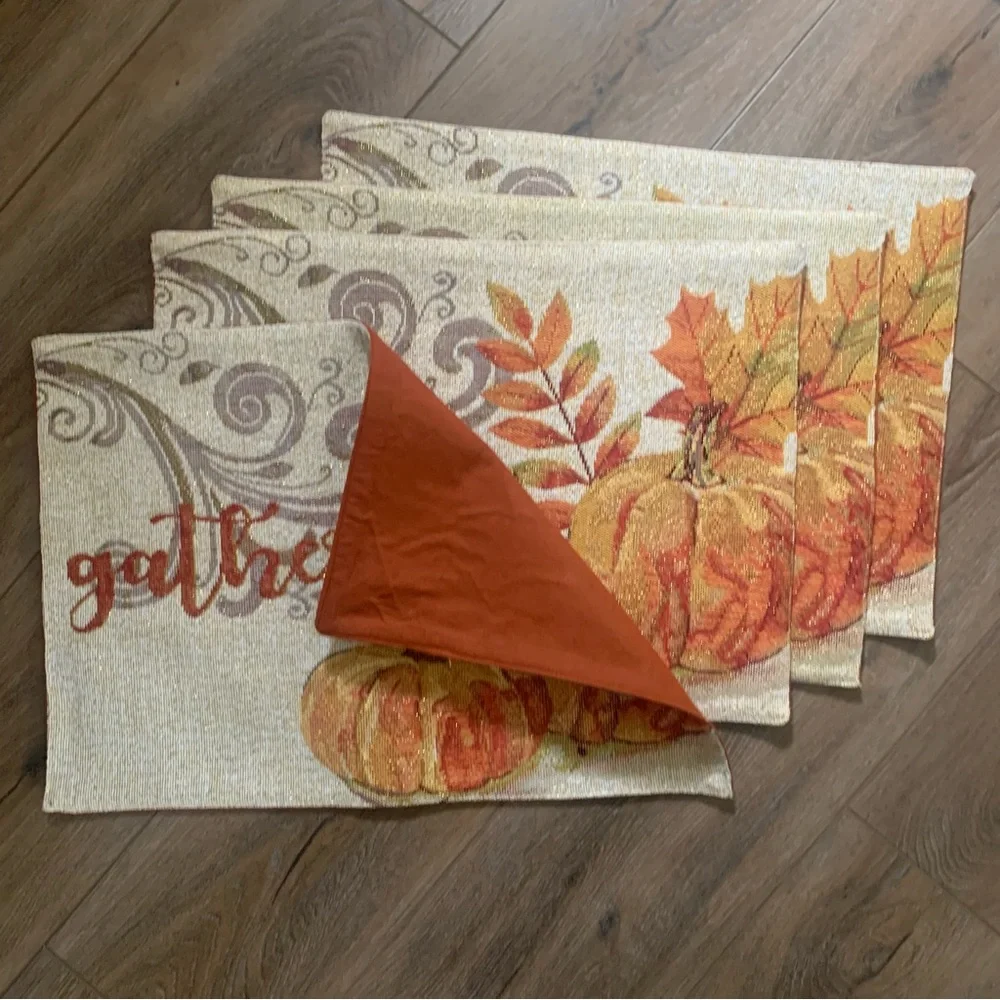4 Fall Thanksgiving Harvest Placemats - Orange  Leaves with gold fleck